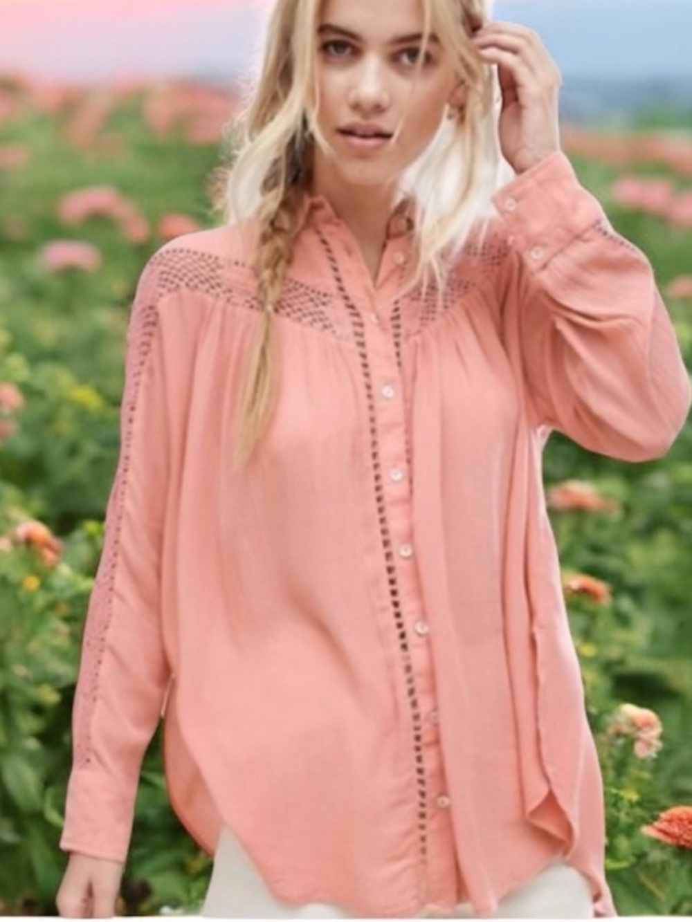 Free People Crochet Reflections & Romance Long Sleeve Blouse/Top    size Medium